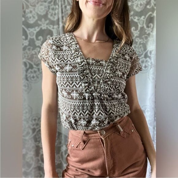 Y2K 2000s Liz Claiborne Floral Embroidered Lace Brown Layered Short Sleeve Top - Picture 2 of 11